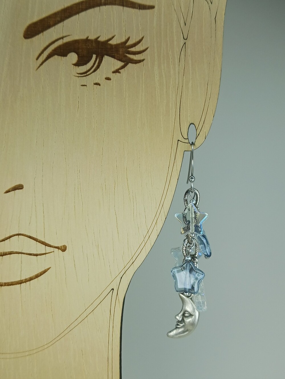 HAND CRAFTED Moon Star Dangle Earrings Celestial Blue Crystal Fairycore - Picture 5 of 6